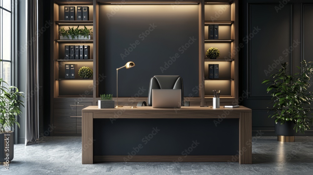 Canvas Prints Modern office interior with a large wooden desk, black leather chair, and built-in shelves.