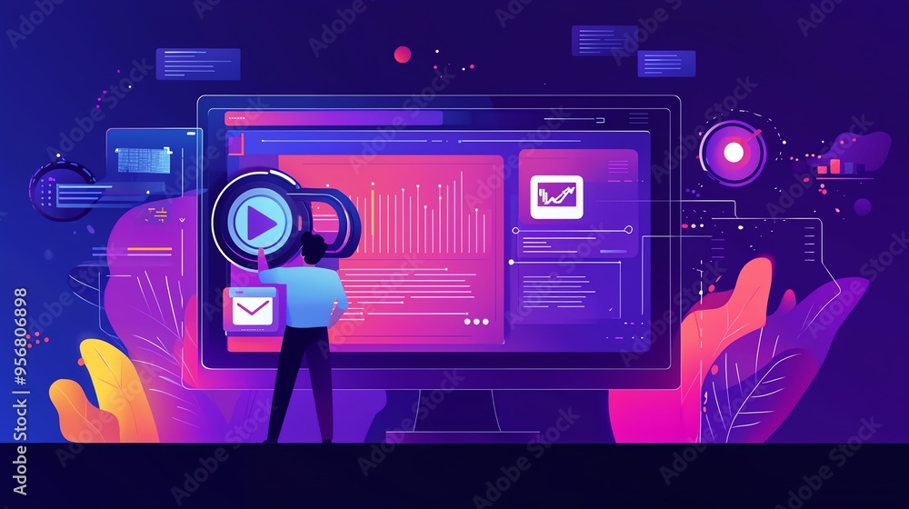 Poster a digital workspace illustration showcasing a person analyzing data on a vibrant computer screen wit