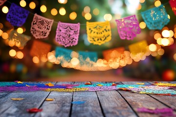 Obraz premium Colorful Background with Bokeh Lights and Confetti for Dia de los Muertos, AI generated illustration