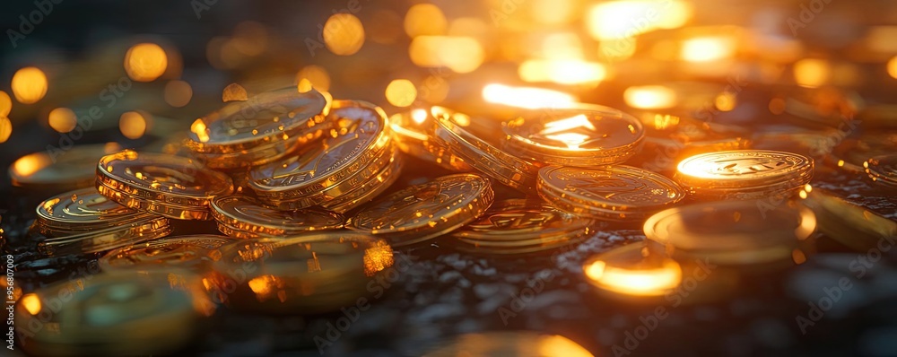 Poster a close-up view of sparkling gold coins illuminated by soft warm light, creating a captivating atmos