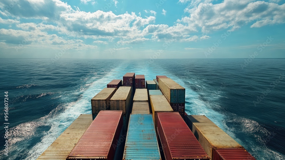 Poster cargo ship from behind, navigating the deep sea with a full load of containers. focuses on the logis