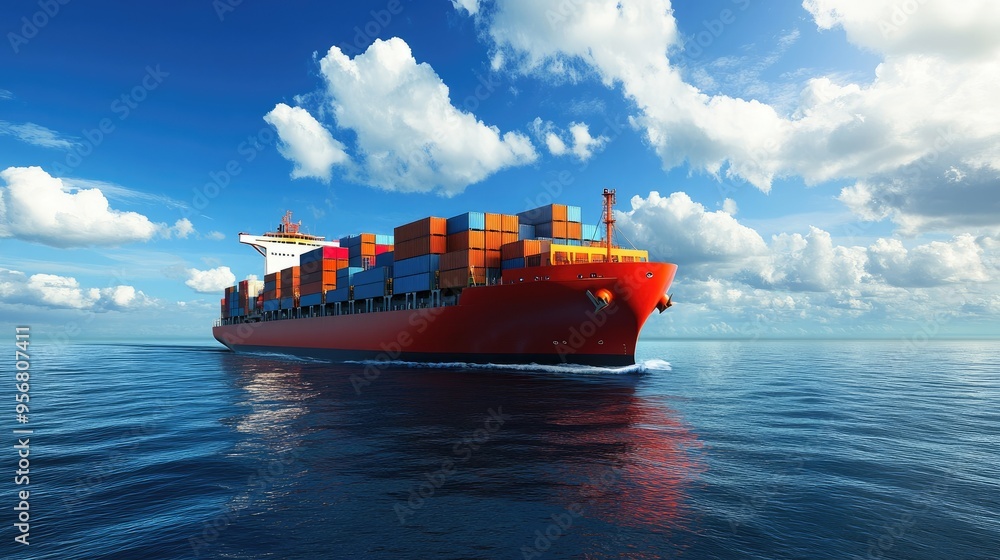 Poster cargo ship loaded with containers navigating the open sea. emphasizes global logistics and the role 