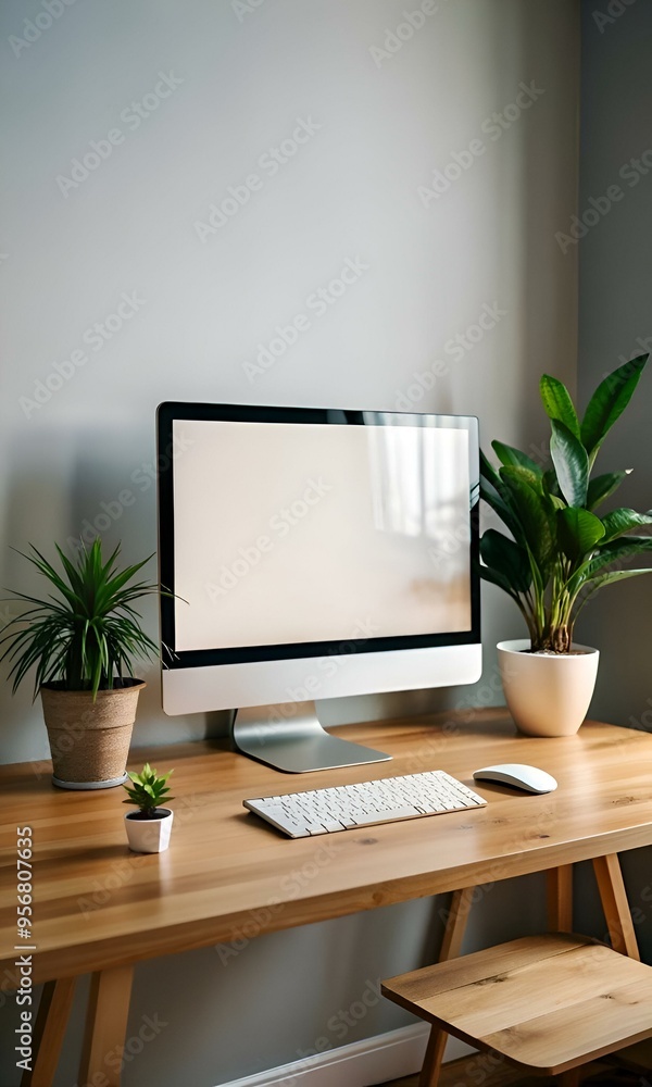 Poster clean and modern workspace mockup featuring a blank computer screen. keyboard. mouse. and potted pla
