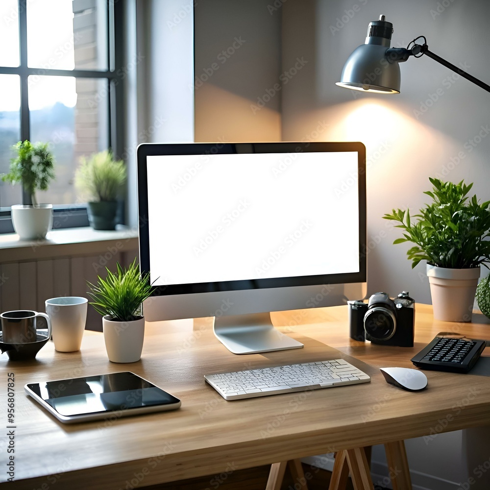 Poster modern. clean workspace mockup featuring a laptop with a blank screen. keyboard. camera. and minimal