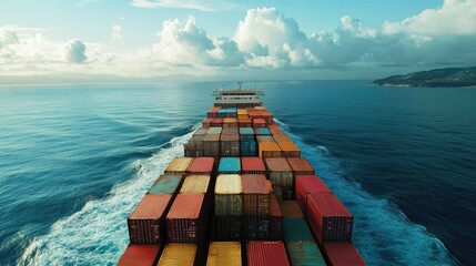 Cargo ship loaded with containers navigating the open sea. Emphasizes global logistics and the role of ocean freight in international shipping services.