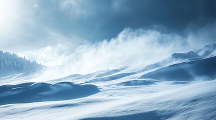 A serene winter landscape featuring snow-covered hills and misty blue skies, perfect for capturing the essence of tranquility.