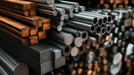 Obraz premium Stacked metal bars and rods with various profiles including square, round, and rectangular shapes, showcasing organized arrangement and different sizes.