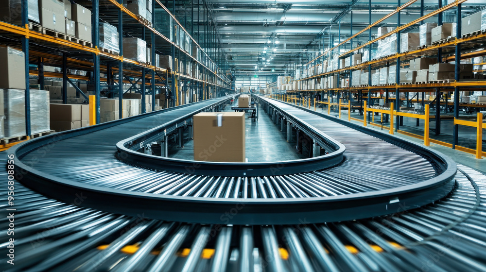 Poster automated conveyor, conveyor belts move packages efficiently in a high-tech warehouse, highlighting 