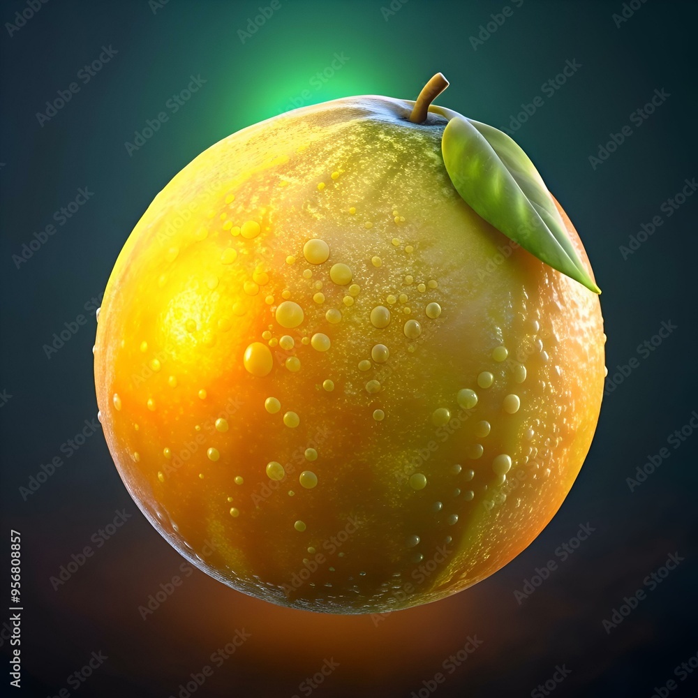 Poster a juicy 3d rendered lemon drop melon with a single green leaf. perfect for adding a touch of summer 