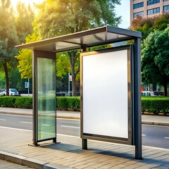 A modern bus stop shelter with a large blank billboard.