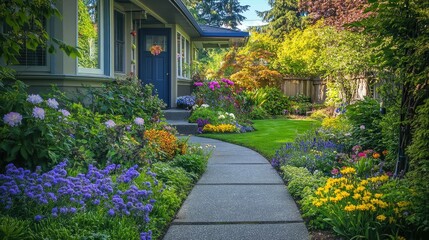 Obraz premium Charming house facade with a colorful garden and a neatly maintained concrete walkway, perfect for home exterior design inspiration.