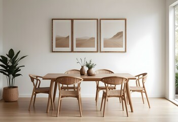 A minimalist dining room with a wooden table, two wicker chairs, and three empty frames on the wall.
