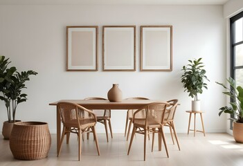 Fototapeta premium A minimalist dining room with a wooden table, two wicker chairs, and three empty frames on the wall.