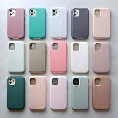 A flat lay showcasing 15 colorful phone cases in various shades.