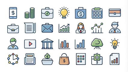 A comprehensive collection of modern, minimalist business icons featuring various symbols, shapes, and graphics for finance, commerce, and professionalism, on a clean white background.