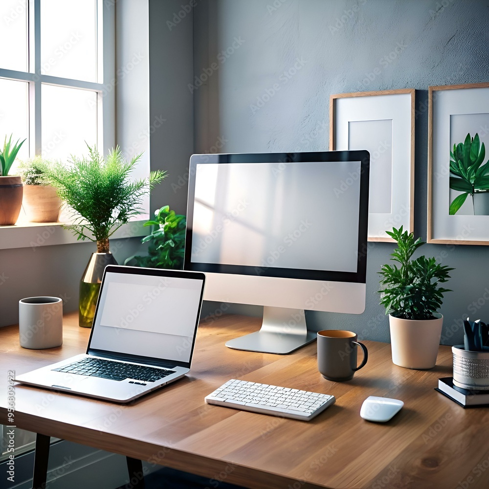 Poster a modern and minimalist workspace with a laptop and desktop computer. perfect for showcasing your so