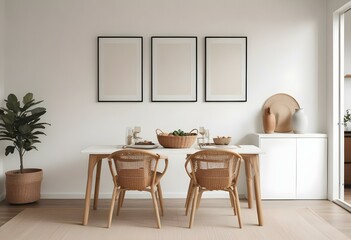 A minimalist dining room with a wooden table, two wicker chairs, and three empty frames on the wall.