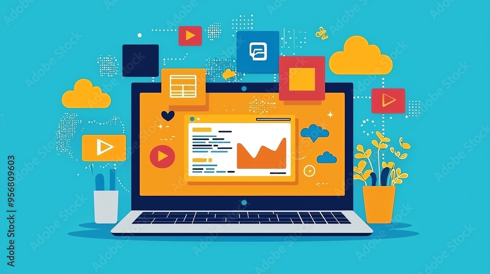 Poster colorful digital workspace with laptop, graphs, and cloud icons representing data analysis and onlin