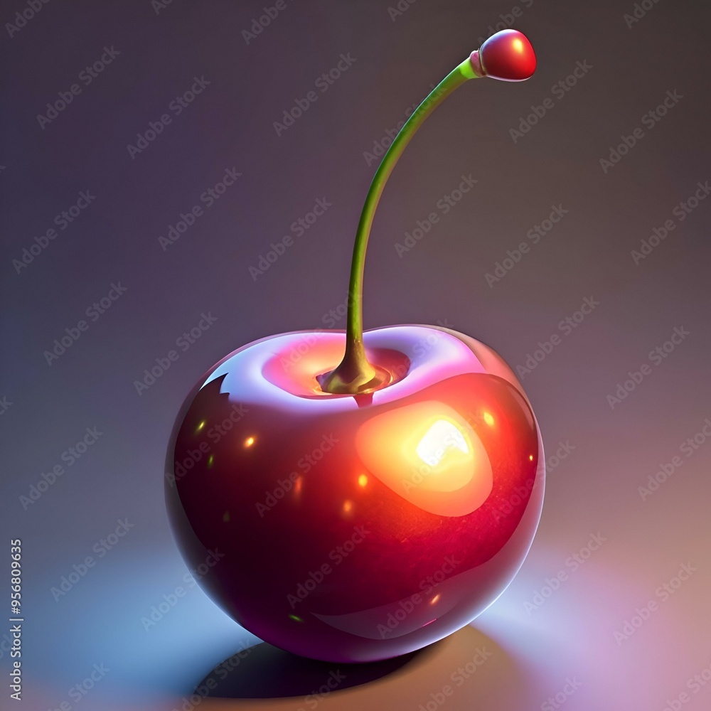 Poster a vibrant. 3d rendered cherry with a glossy finish and a subtle spotlight effect. perfect for adding