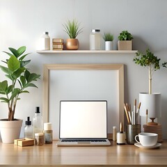 Obraz premium A modern and minimal home office setup with a laptop. plants. and a stylish lamp.