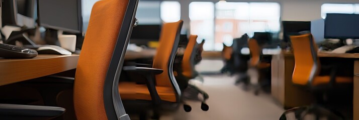 A row of empty office chairs beside desks with computers, showing a clean and ready-to-use work environment.