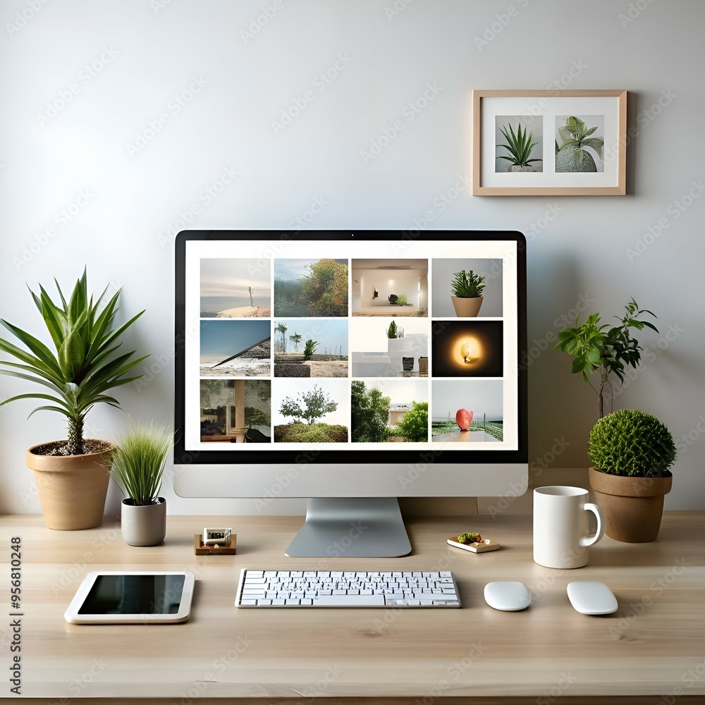 Poster a modern desktop workspace with a computer monitor displaying a grid of various images. featuring a 