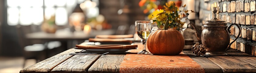 Cozy dining table adorned with autumn decorations, featuring a pumpkin and rustic elements for a warm harvest feel.