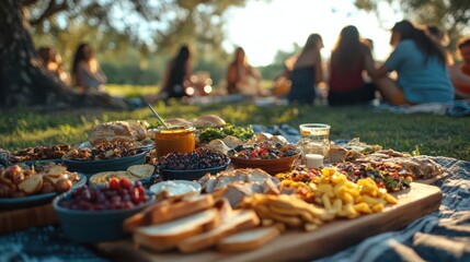 A diverse group of friends enjoys a picnic in the park, with a variety of homemade dishes spread out on a blanket, capturing a moment of joy and community
