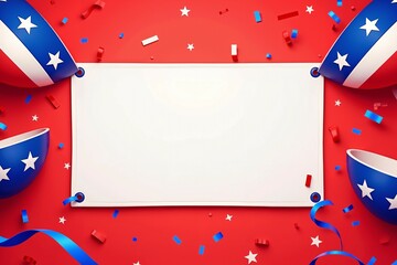 Obraz premium Patriotic Background with Blank White Sign and American Flag Decorations