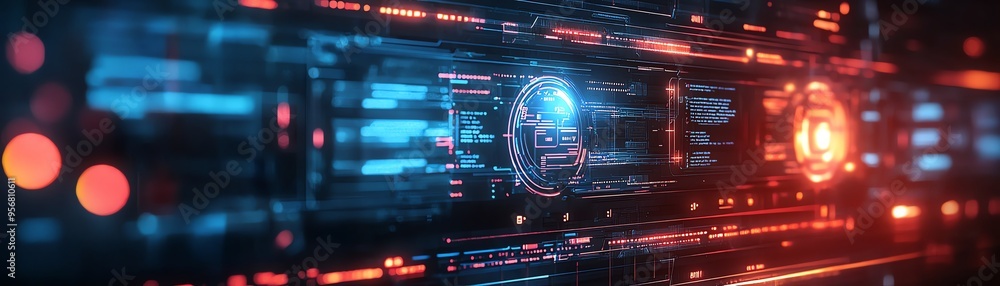 Poster futuristic data visualization with glowing elements, representing technology, innovation, and digita