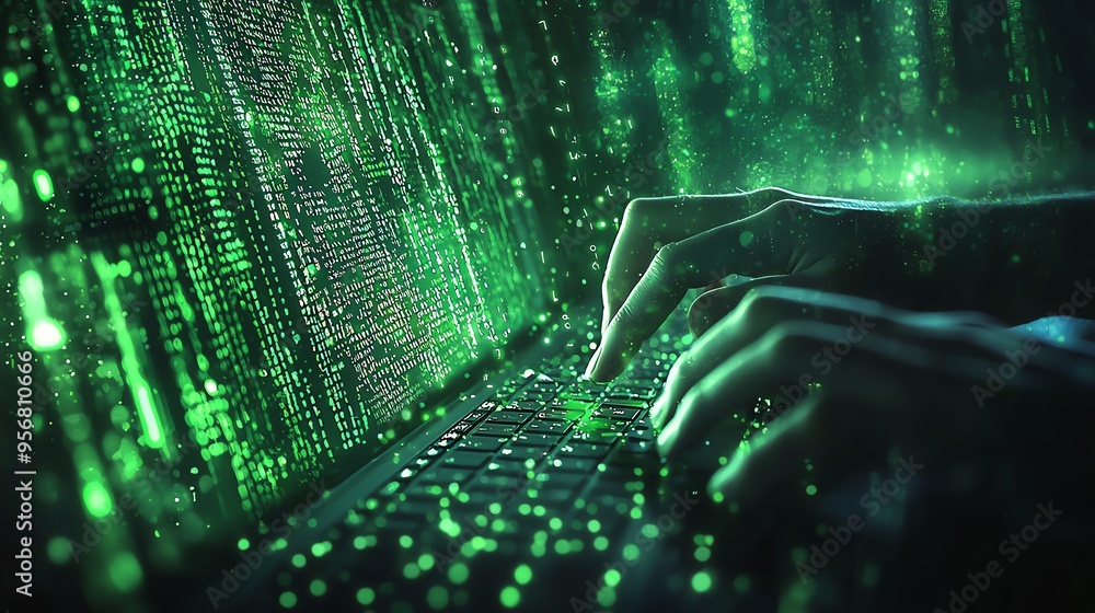 Poster futuristic digital interface with hands typing on laptop, featuring glowing green matrices and data 