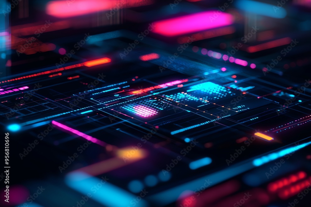 Aufkleber futuristic digital interface with vibrant neon colors and complex data patterns, ideal for technolog