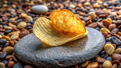A crispy curved potato chip rests atop a rugged granite rock, surrounded by scattered pebbles and earthy tones, evoking a sense of natural harmony.