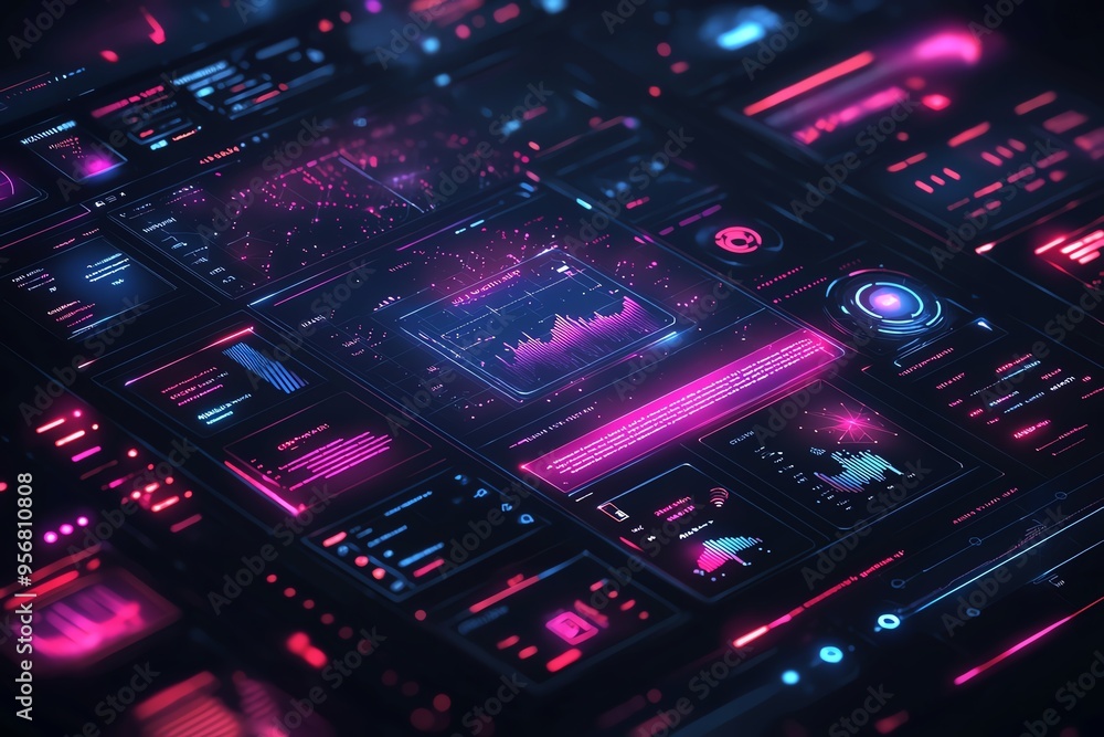 Poster futuristic user interface with vibrant colors and digital elements, ideal for technology and innovat