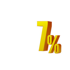 3d illustration of golden number 7 percent or 7% isolated on white background. 3d render.