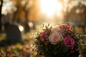 A bouquet placed next to the cemetery