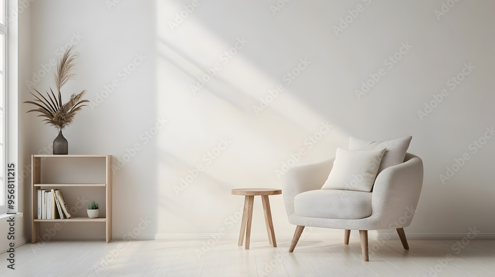 Poster a tranquil and inviting minimalist living room showcasing a cozy armchair a small side table and a s