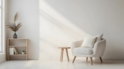 A tranquil and inviting minimalist living room showcasing a cozy armchair a small side table and a sleek bookshelf creating a serene and comfortable atmosphere for relaxation and reading