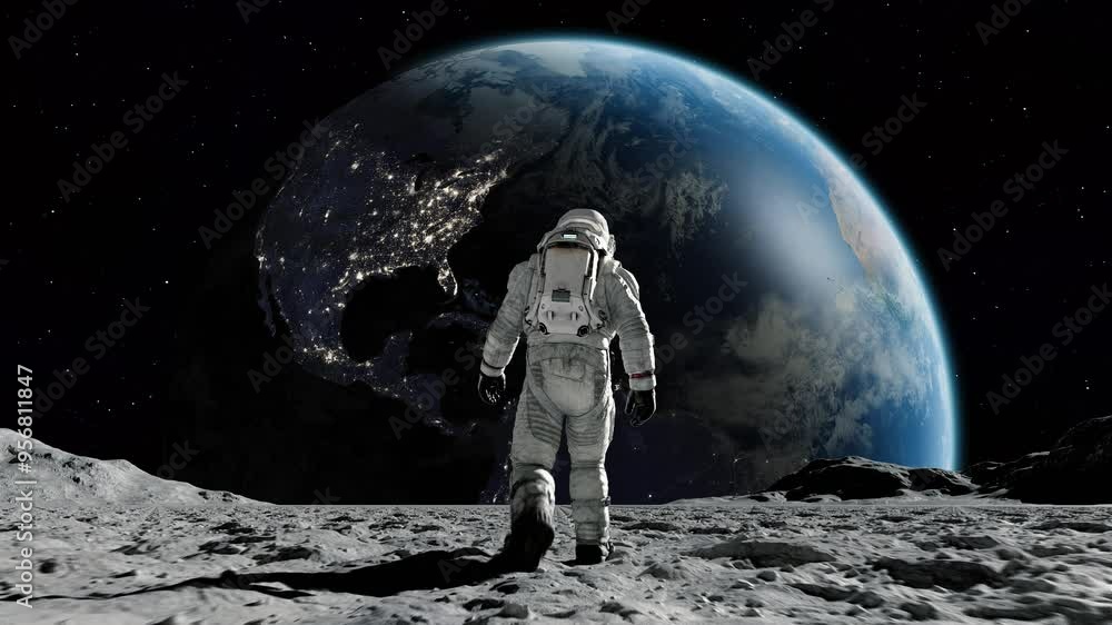 Wall mural astronaut in spacesuit on planet in space on earth background. spaceman exploring surface moon in ex