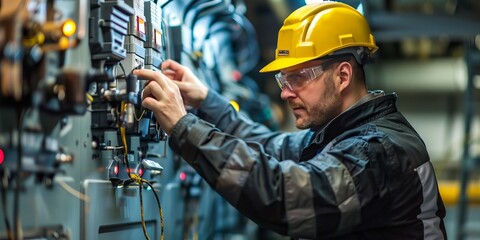 Engineer conducting maintenance on a high-voltage generator, ensuring reliable power supply