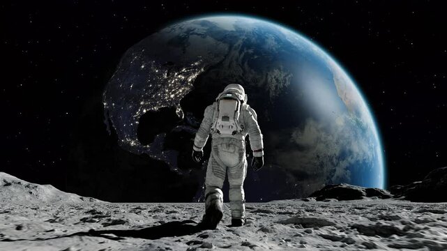 Astronaut in Spacesuit on Planet in Space on Earth Background. Spaceman Exploring Surface Moon in Expedition. 3d Animation Walking Man Cosmos Loop Footage. Unrecognizable Cosmonaut Futuristic Journey