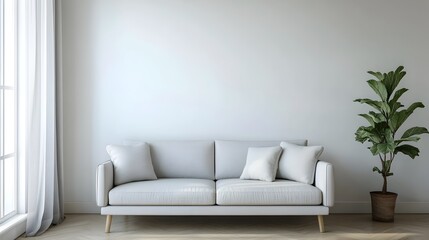 Serene and Inviting Minimalist Living Room with Light Grey Sofa Elegant Decor and Clean Uncluttered Space for Relaxation and Comfort