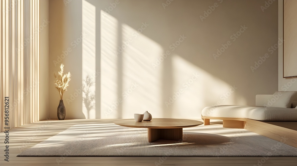 Poster minimalist living room with a simple neutral color palette soft lighting and a clean open layout cre