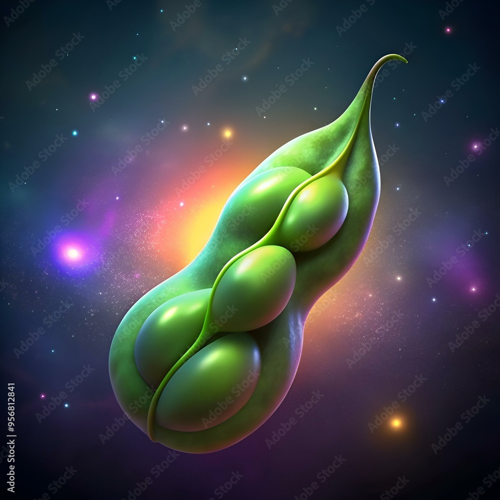 Poster a vibrant 3d illustration of a lima bean pod floating in a cosmic nebula. perfect for adding a touch