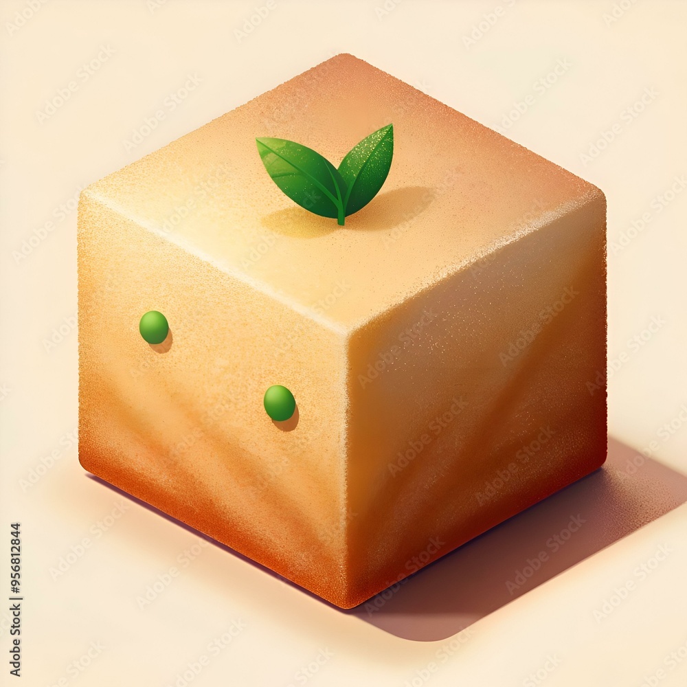 Poster a 3d illustration of a cube of tofu with a single sprout growing from the top.