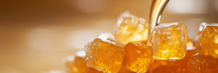 Golden honey getting poured over a stack of honey cubes, highlighting their glossy, rich texture and sweetness.