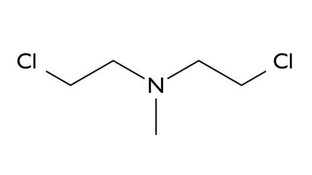 chlormethine molecule, structural chemical formula, ball-and-stick model, isolated image chemotherapeutic drugs