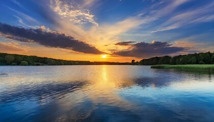 . Incredible  beautiful sunset. sun, sky, lake. sunset or sunrise landscape, panorama of beautiful nature, illustration