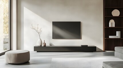 Fototapeta premium Elegant and Minimalist Living Room Design with Sleek TV Stand Modern Shelving and Neutral Wall Art for a Cozy and Relaxing Home Environment