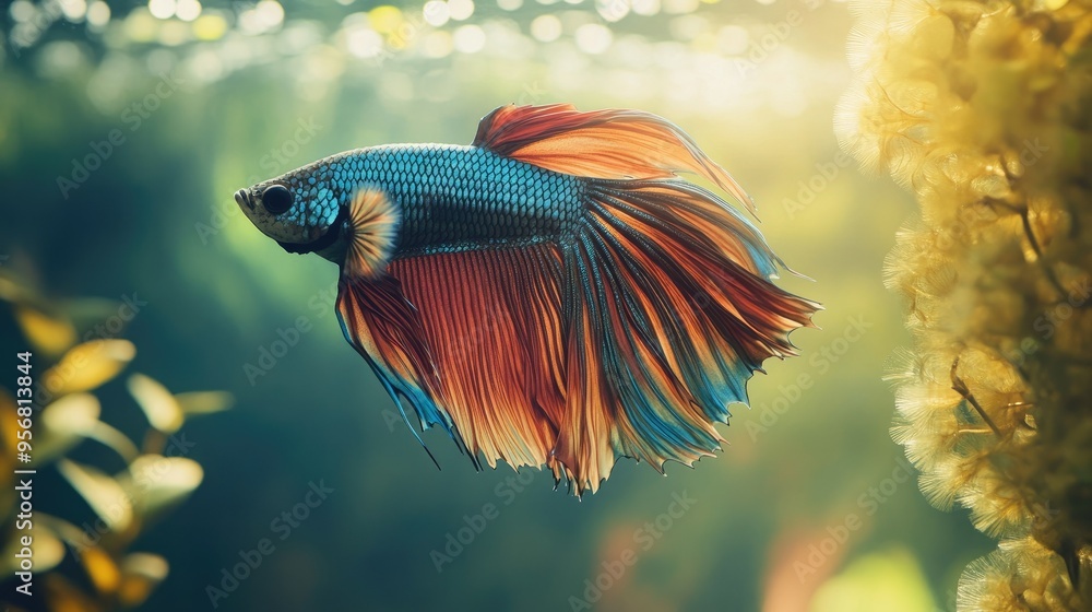 Poster close-up of a betta fish with a mesmerizing array of colors and delicate fins, swimming elegantly th